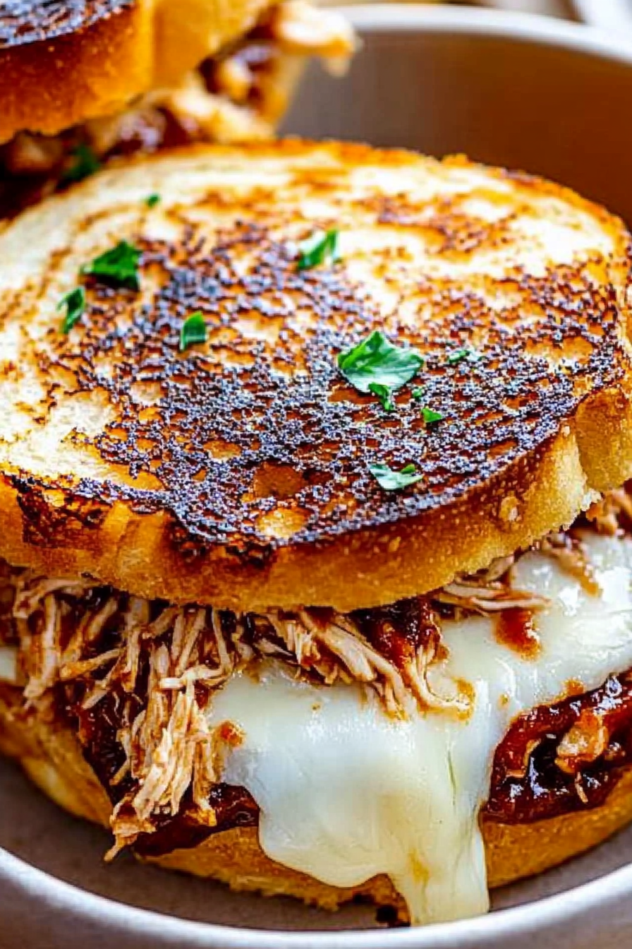 BBQ Chicken Grilled Cheese Recipe - Quick and Easy Delicious BBQ Chicken Grilled Cheese freshly prepared on a white plate