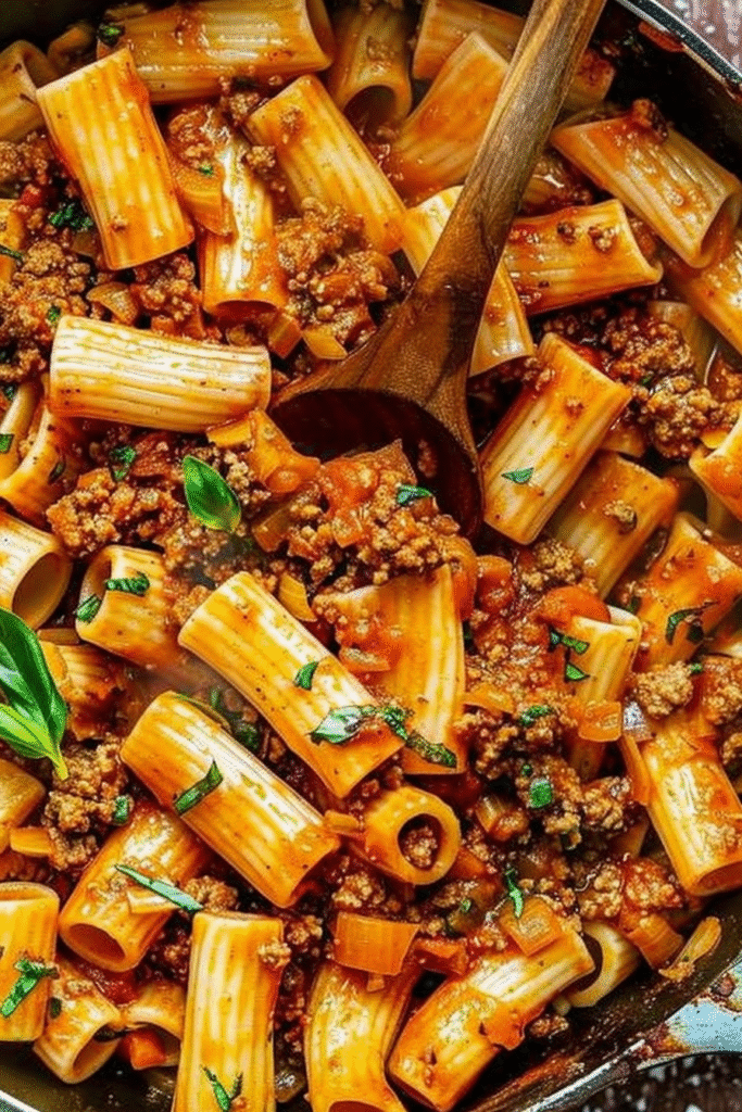 Bowl of beef pasta with ground beef, tomato sauce, and melted cheese, garnished with fresh herbs and served with a fork