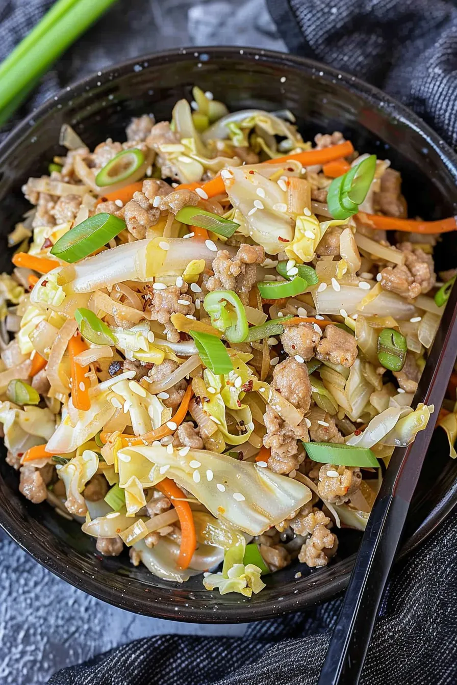 Colorful egg roll bowl with seasoned ground pork, shredded cabbage, carrots, and green onions in a white serving bowl