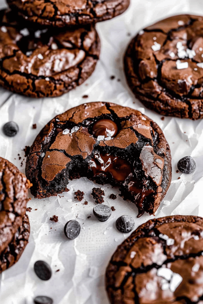 Stack of chewy brookies showing fudgy brownie and chocolate chip cookie layers, with gooey chocolate chips visible