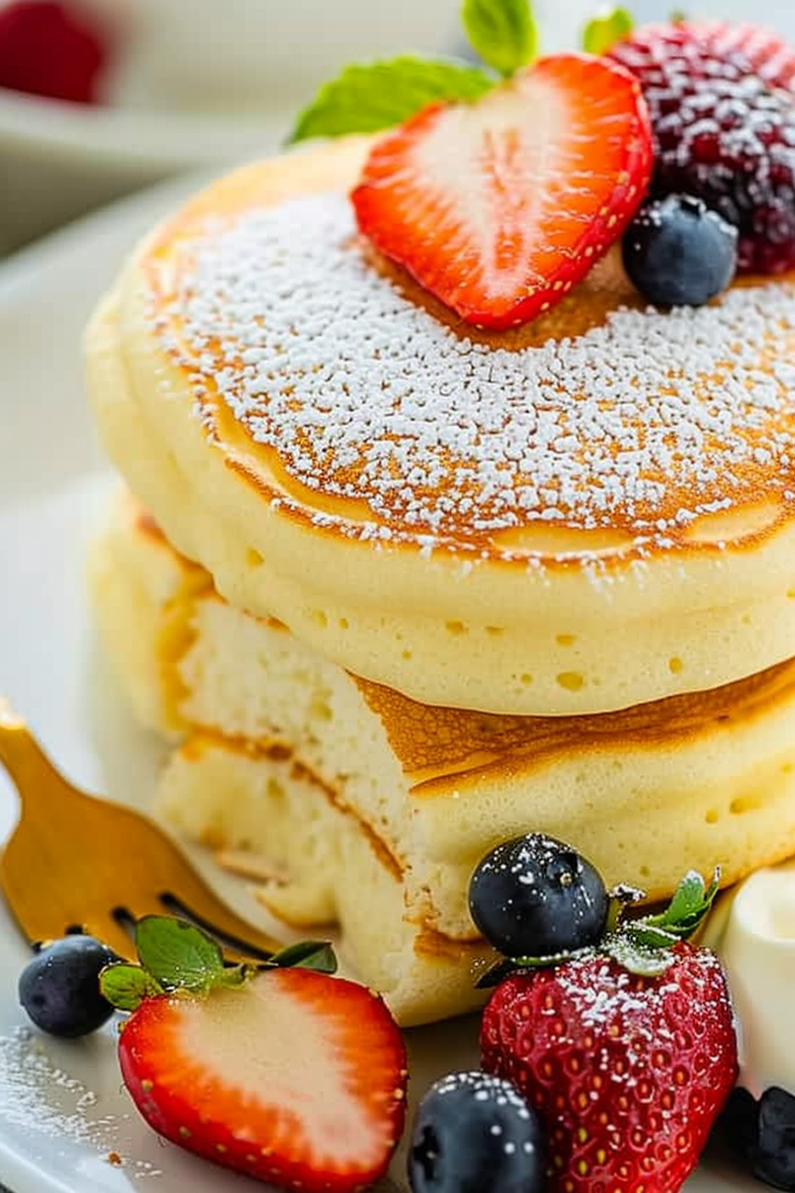 Japanese Soufflé Pancakes - The Ultimate Fluffy Breakfast Recipe 3 Delicious Japanese Soufflé Pancakes freshly prepared on a white plate