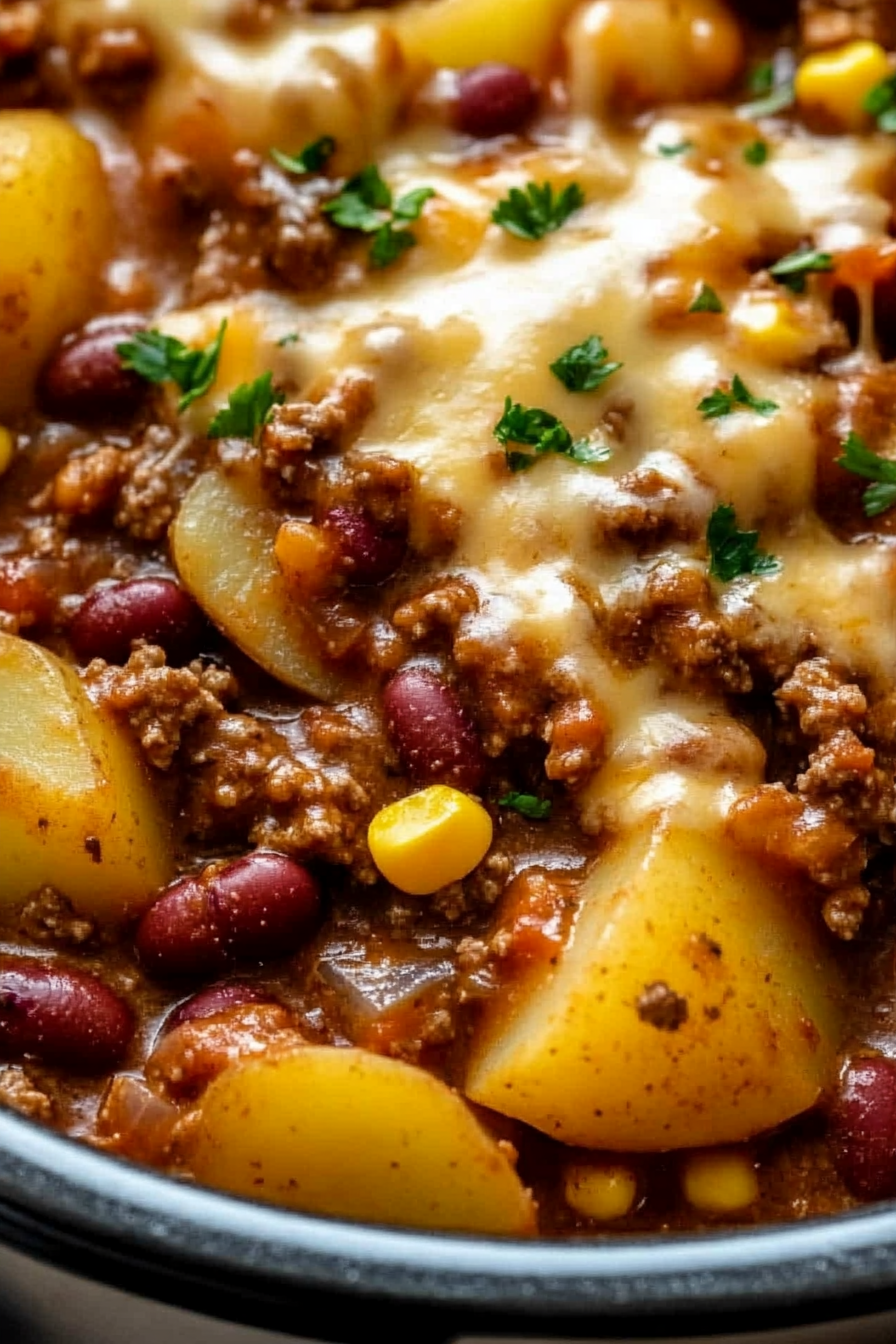 Slow Cooker Cowboy Casrole Recipe - Simple and Quick to Make Delicious Slow Cooker Cowboy Casrole Recipe Freshly Prepared on a White Plate