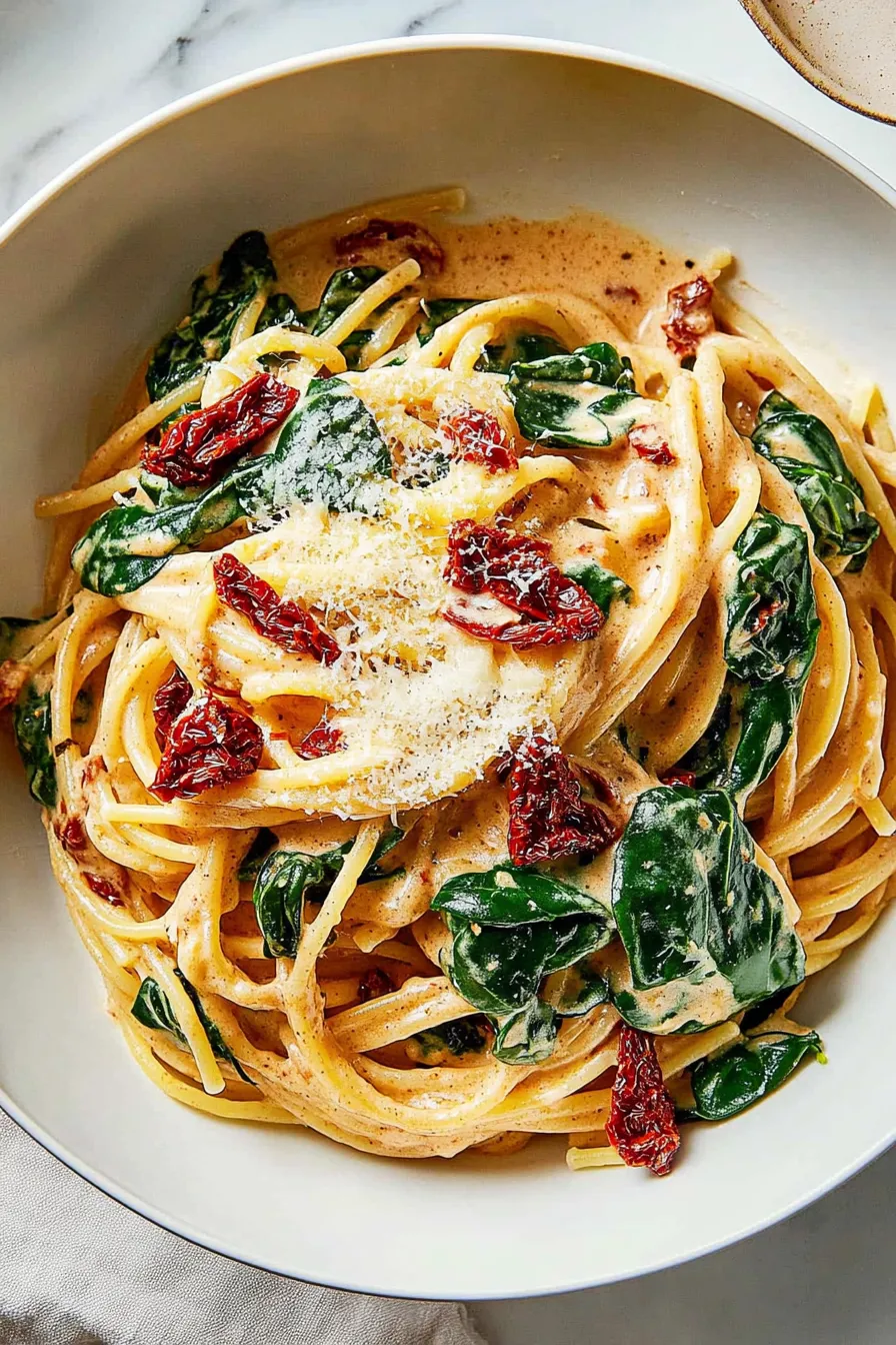 Delicious Spaghetti & Spinach with Sun-Dried Tomato Cream Sauce