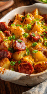 A hearty dish of cheesy ranch potatoes with smoked sausage in a skillet