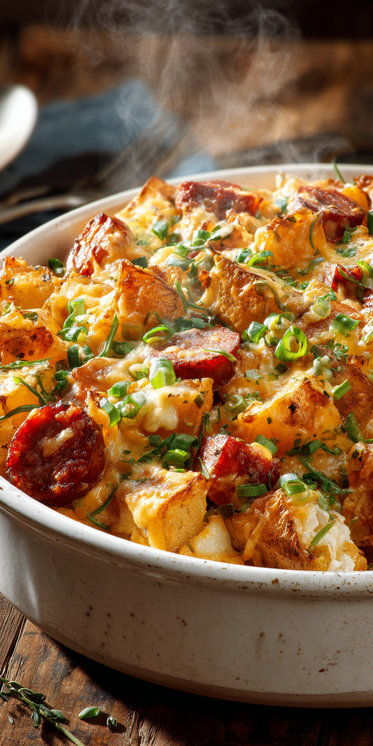 A hearty dish of cheesy ranch potatoes and smoked sausage, freshly prepared and ready to enjoy