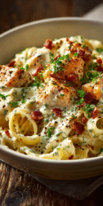 Creamy Chicken Ranch Pasta with beef bacon in a savory sauce