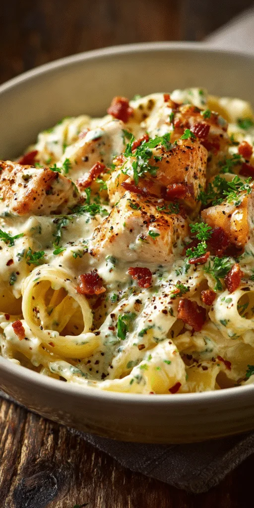 Creamy Chicken Ranch Pasta with beef bacon in a savory sauce
