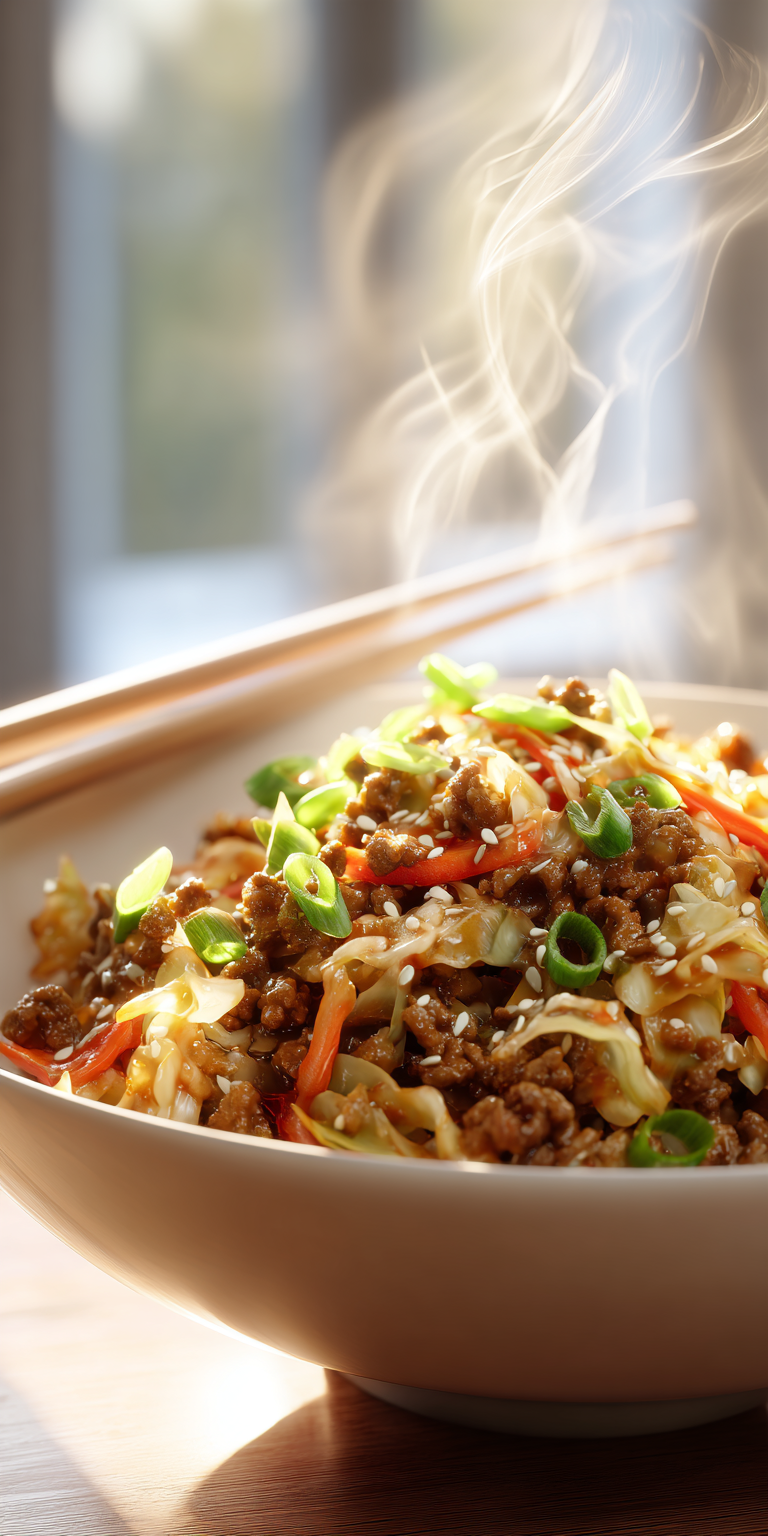 Close-up of Easy Egg Roll in a Bowl preparation with fresh vegetables and ground meat