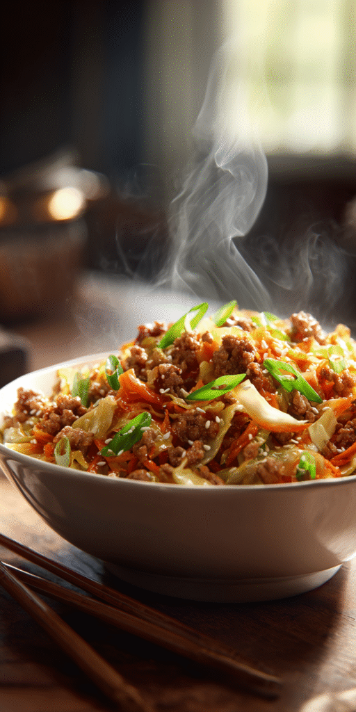 A savory bowl of Easy Egg Roll in a Bowl with vibrant veggies and seasoned meat