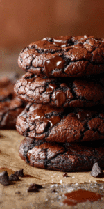 A stack of Fudgy Chewy Browkies with a gooey chocolate center and crisp edges