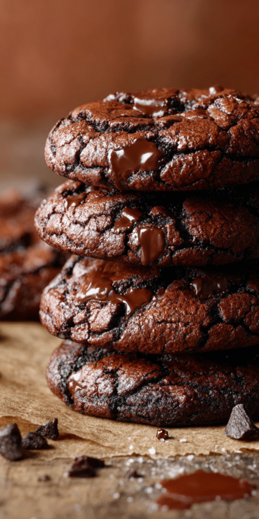 A stack of Fudgy Chewy Browkies with a gooey chocolate center and crisp edges