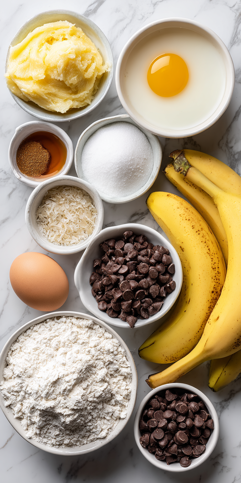 Freshly gathered components for banana chocolate chip muffins with ripe bananas and chocolate chips