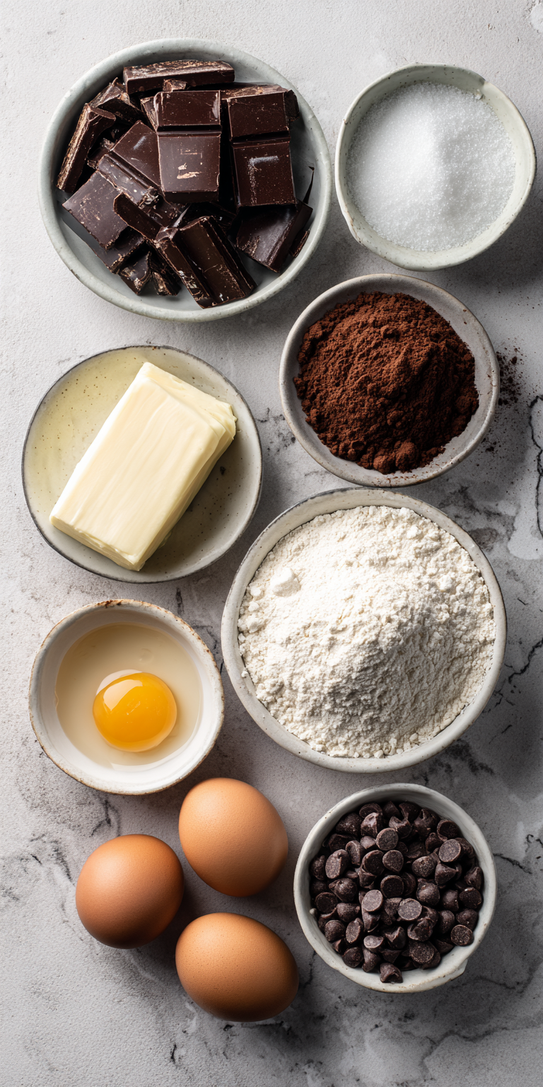 Close-up of raw materials for The Best Fudgy Chewy Browkies with chocolate and flour