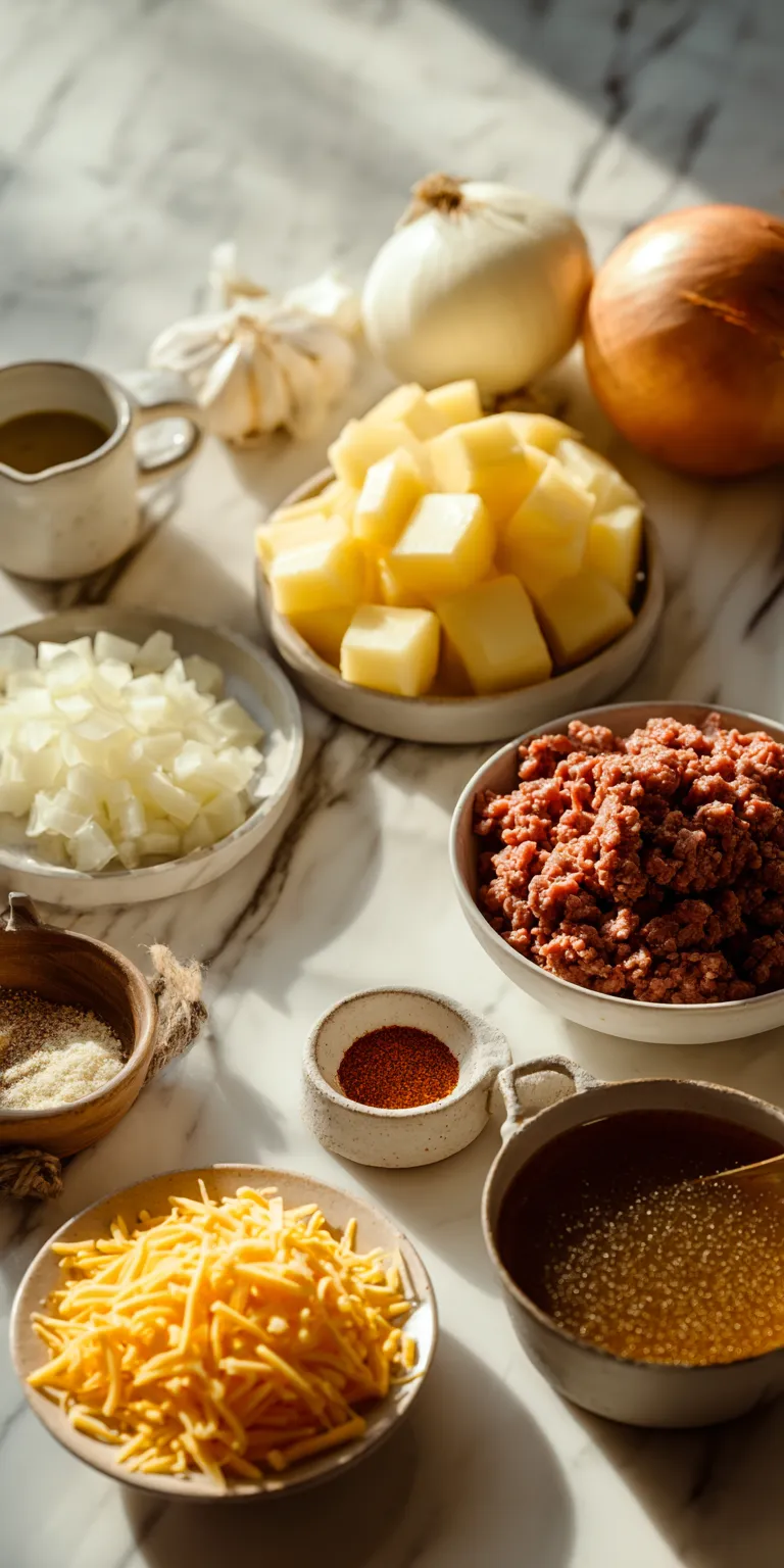 Close-up of raw components for Cheesy Ground Beef & Potato Skillet before cooking