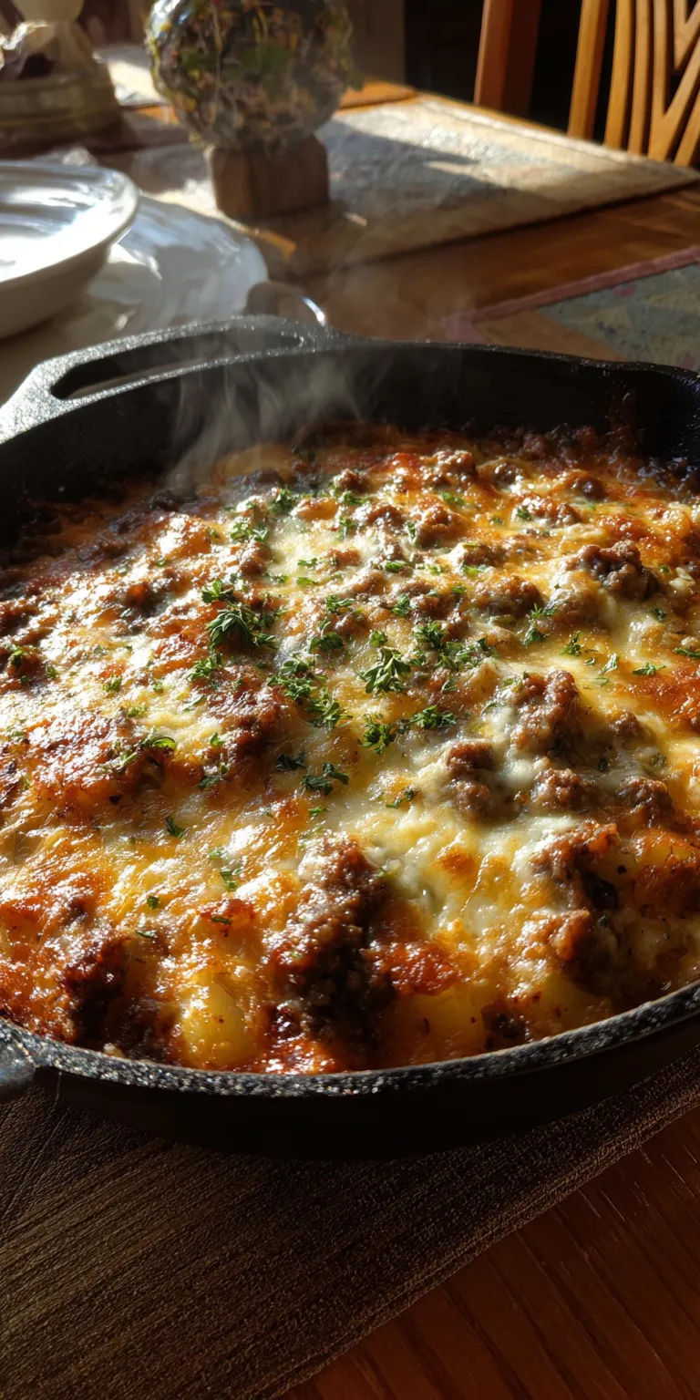 A hearty cheesy ground beef and potato skillet with melted cheese and tender potatoes