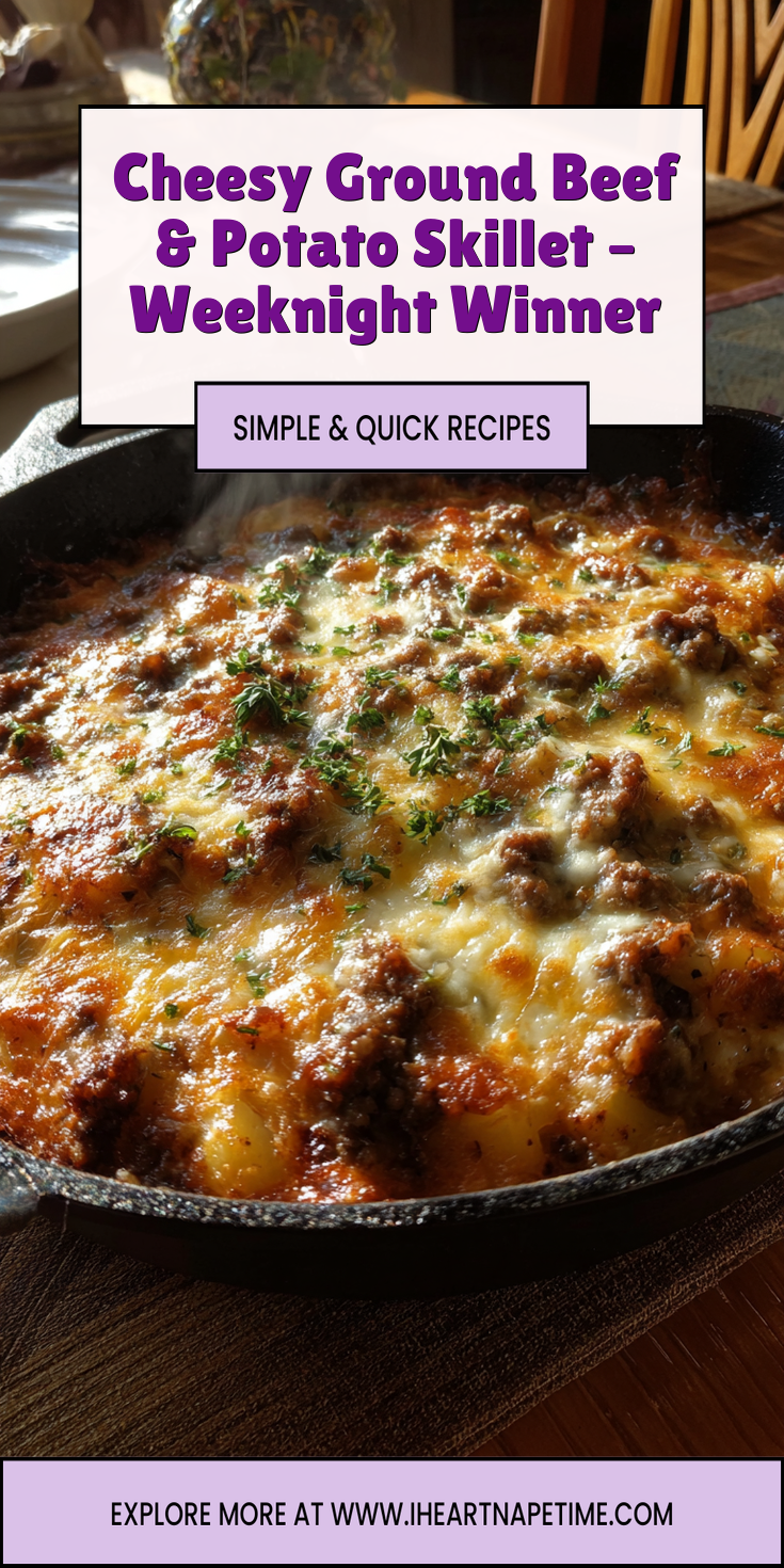 A hearty cheesy ground beef and potato skillet ready to serve