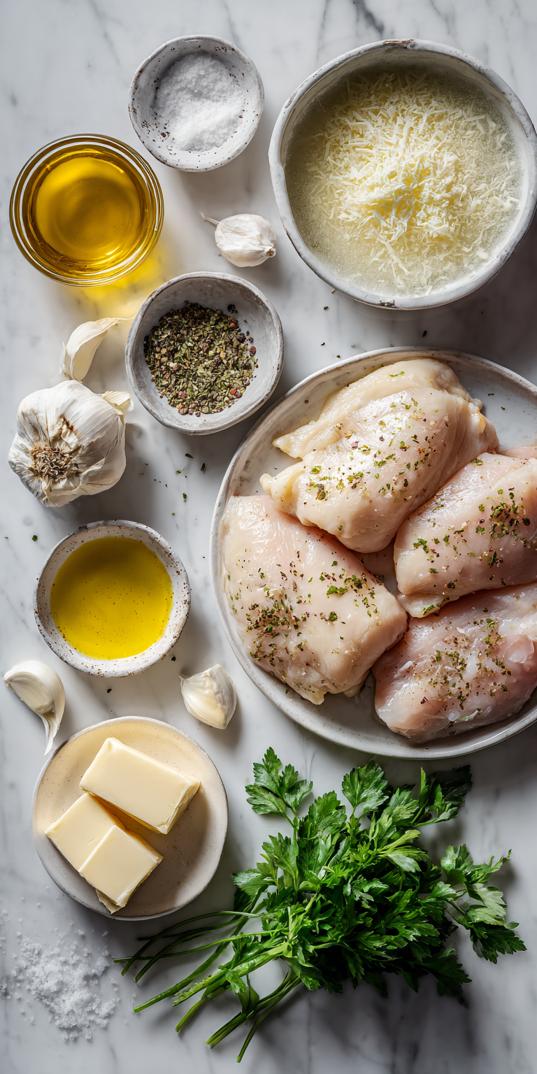 Fresh components for Creamy Garlic Chicken arranged on a kitchen counter