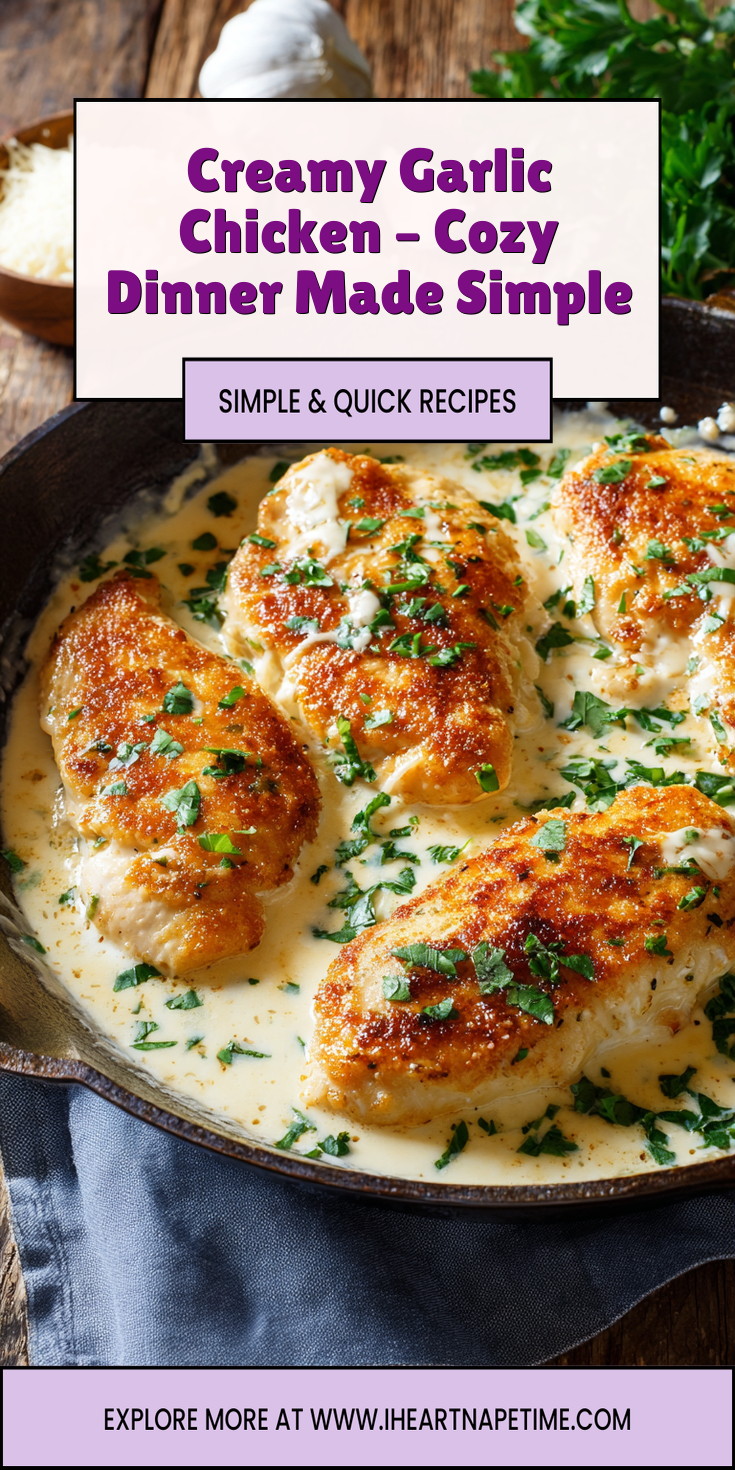 Creamy garlic chicken served with a rich, buttery sauce on a cozy dinner plate