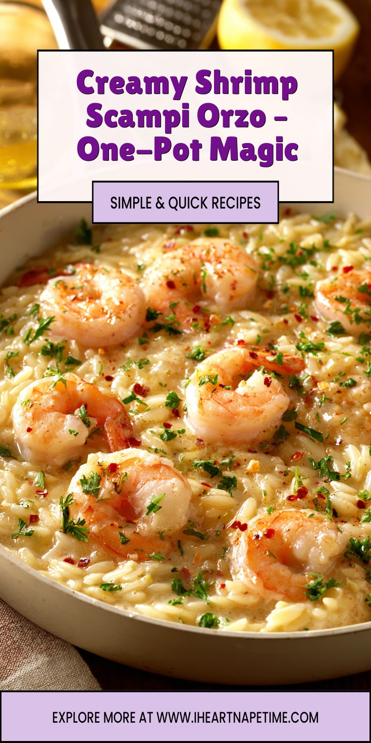 A bowl of creamy shrimp scampi orzo with tender shrimp and buttery orzo