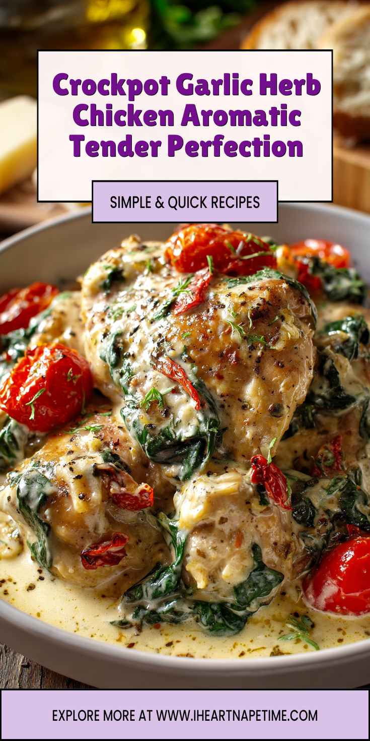 Aromatic tender Crockpot Garlic Herb Chicken served with savory herbs and garlic