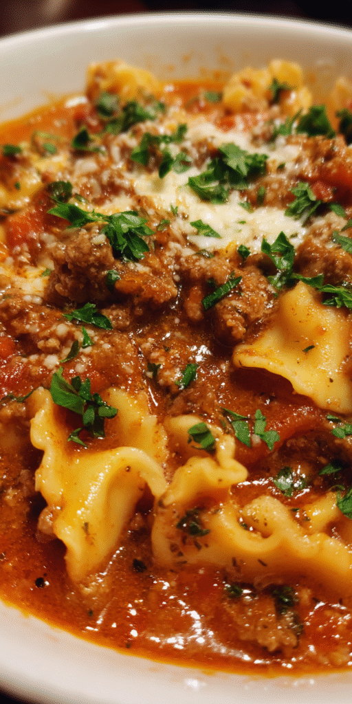 A hearty bowl of Crockpot Lasagna Soup with cheesy layers and rich tomato broth