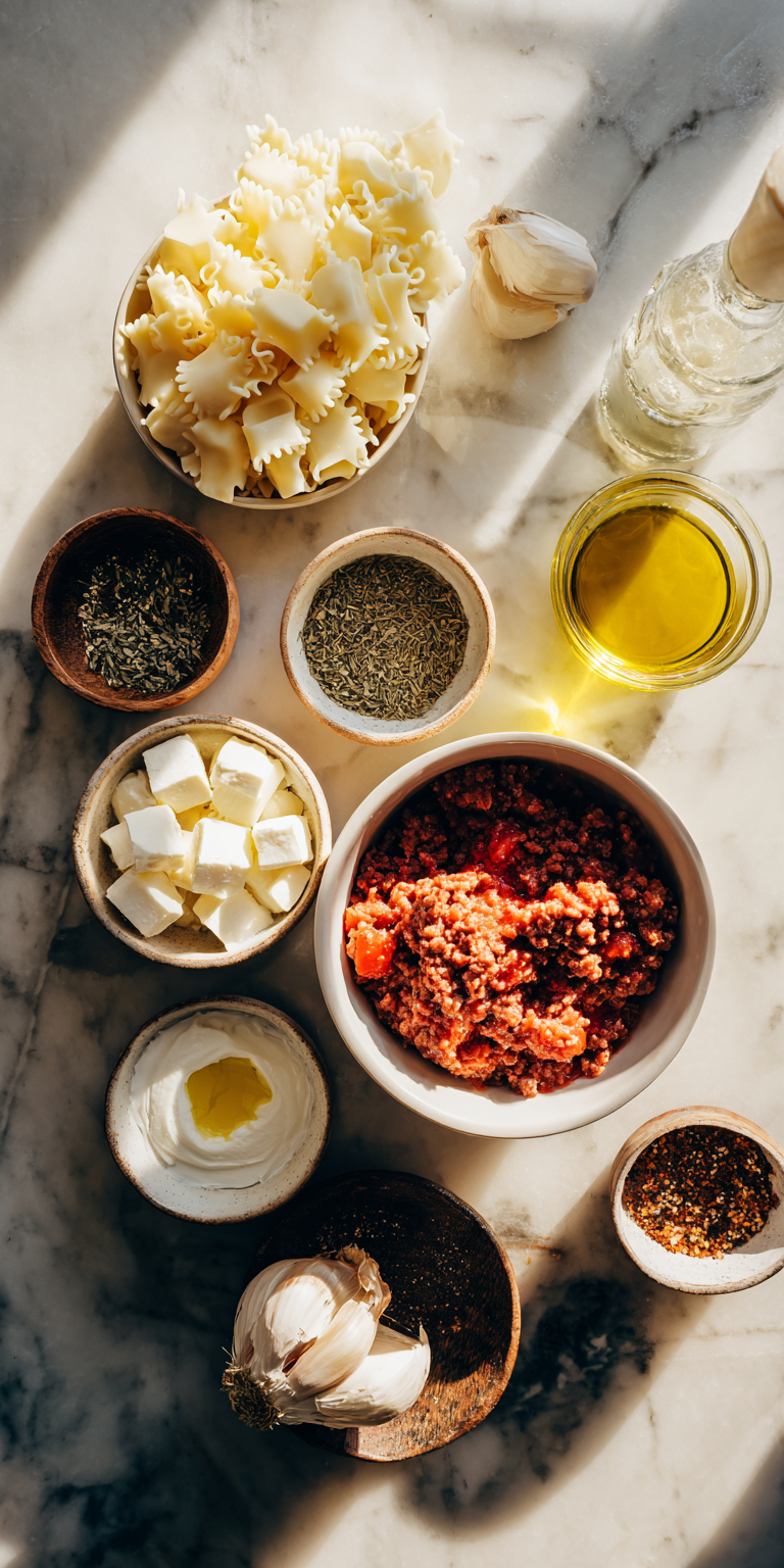 A bowl of gluten-free lasagna soup with fresh ingredients ready to cook