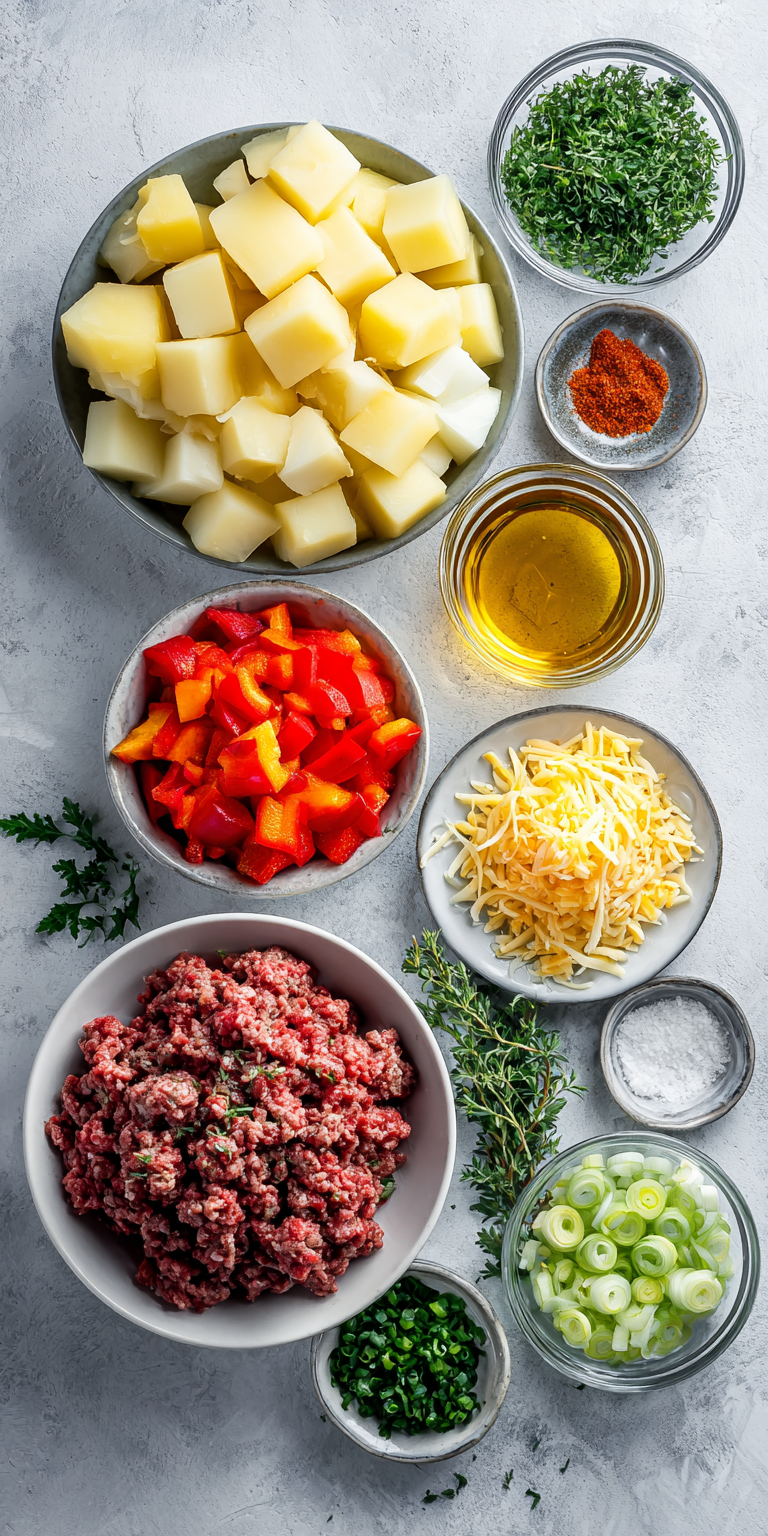Ground Beef & Potato Hash with Cheddar & Herbs served warm with cozy spices