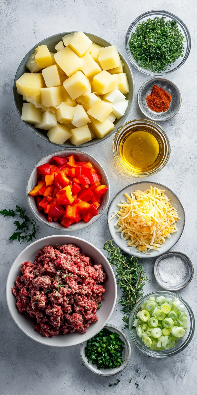 Ground Beef & Potato Hash with Cheddar & Herbs served warm with cozy spices