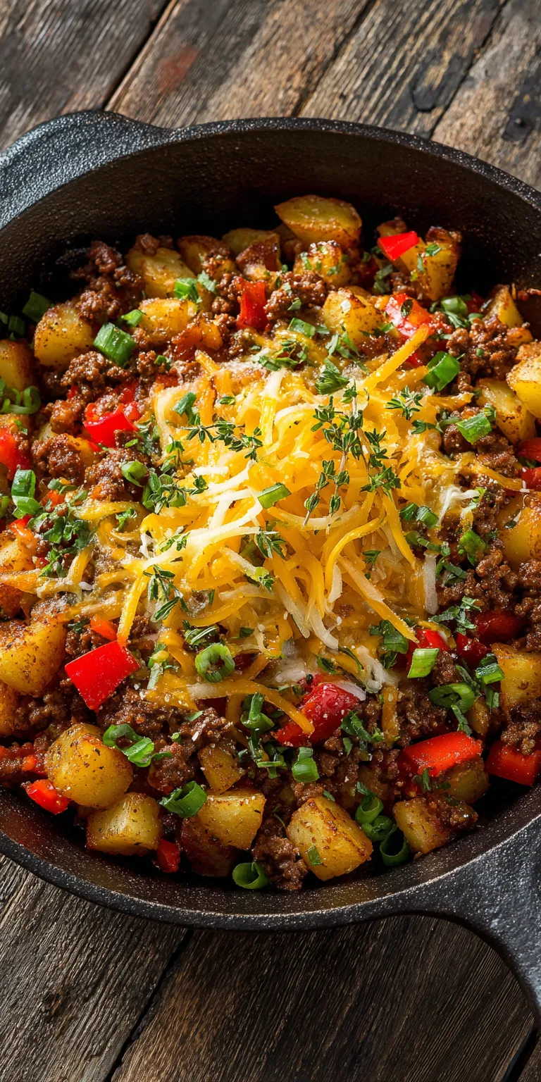 Ground Beef & Potato Hash with Cheddar & Herbs served warm with cozy spices