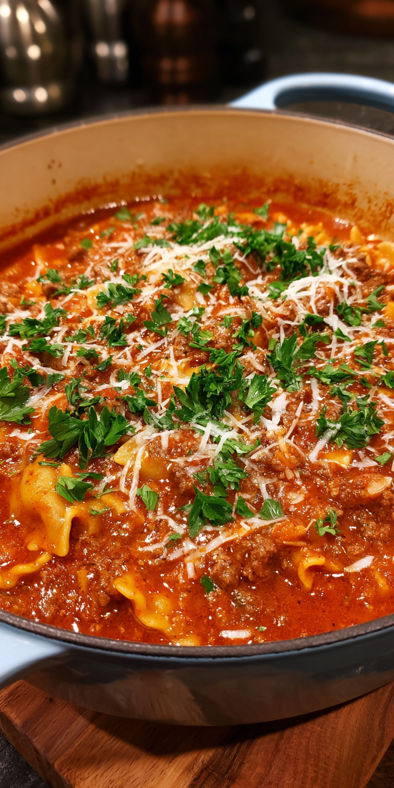 Hearty One-Pot Lasagna Soup – Perfect Weeknight Meal served warm with cozy spices