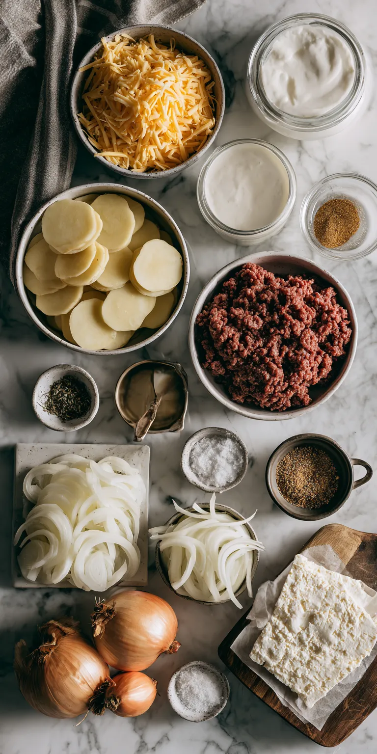 Hobo casserole with ground beef and potatoes ingredients ready to assemble