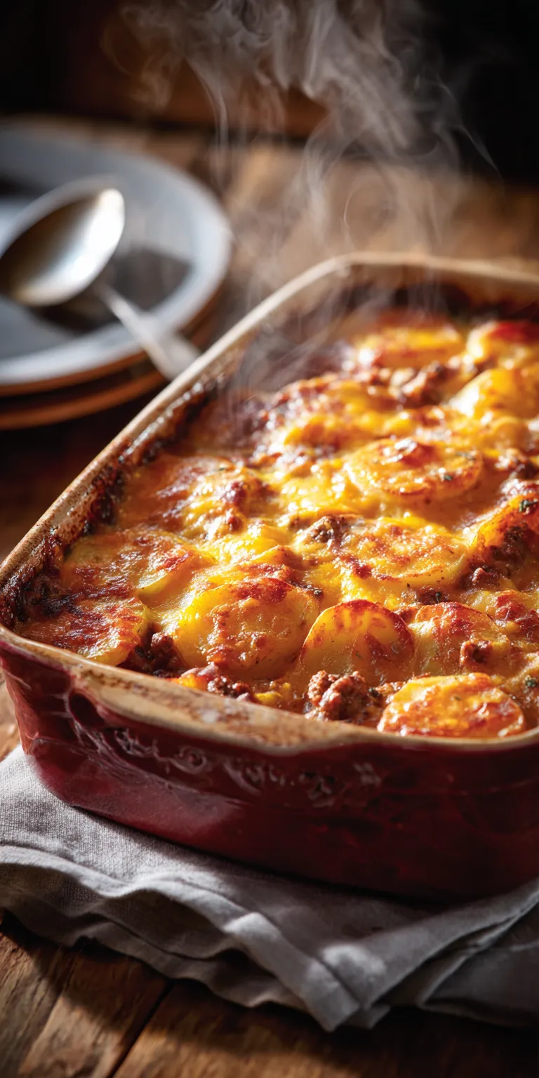 A hearty hobo casserole with ground beef and potatoes in a baking dish