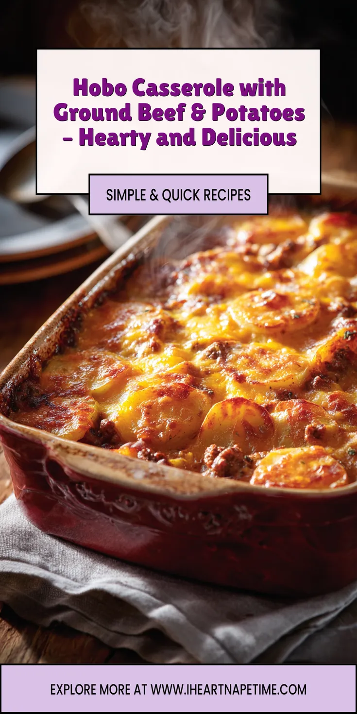 A hearty hobo casserole with ground beef and potatoes in a baking dish