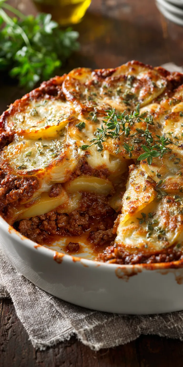 Italian Herb Ground Beef & Potato Casserole served warm with cozy spices