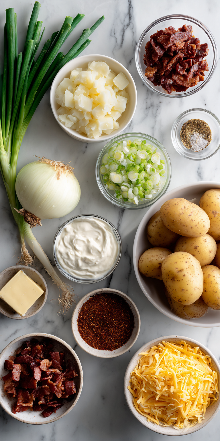 A bowl of loaded baked potato soup with chicken and bacon, showcasing hearty ingredients