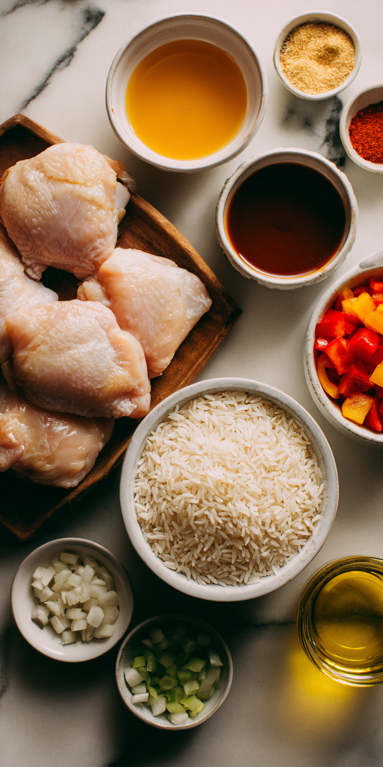 Close-up of raw chicken thighs, rice, and honey BBQ glaze ready for one-pan honey BBQ chicken and rice