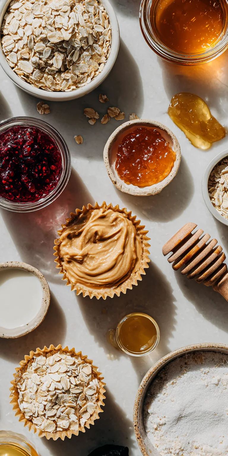 Peanut Butter & Jelly Oat Cups with ingredients ready for a toddler snack