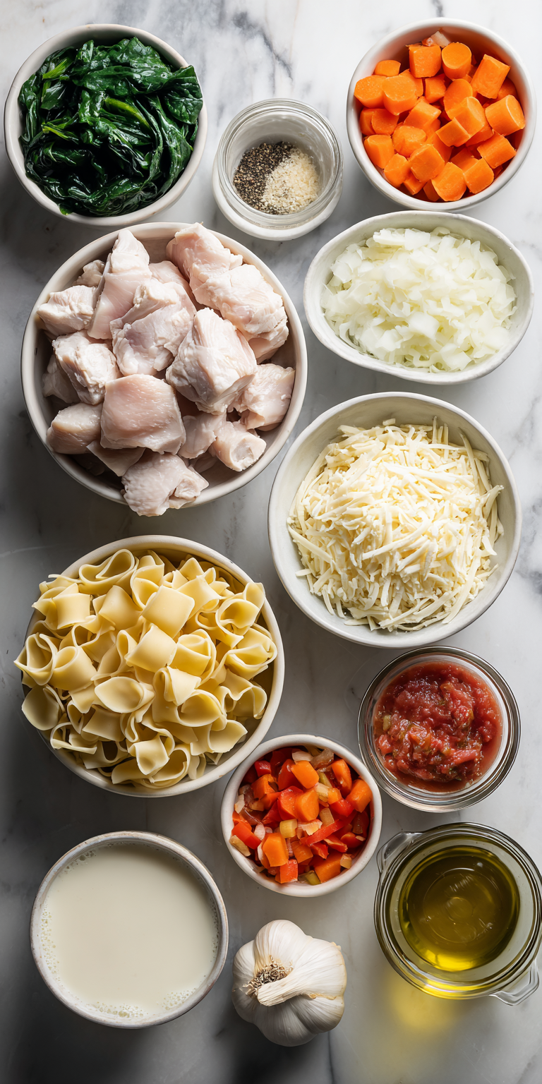 A collection of fresh components for Quick Creamy Chicken Lasagna Soup on a kitchen counter
