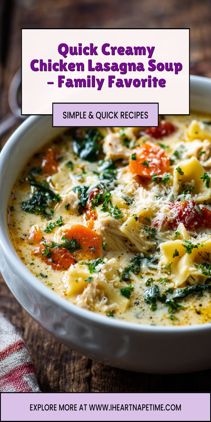 A bowl of quick creamy chicken lasagna soup with a rich, hearty texture
