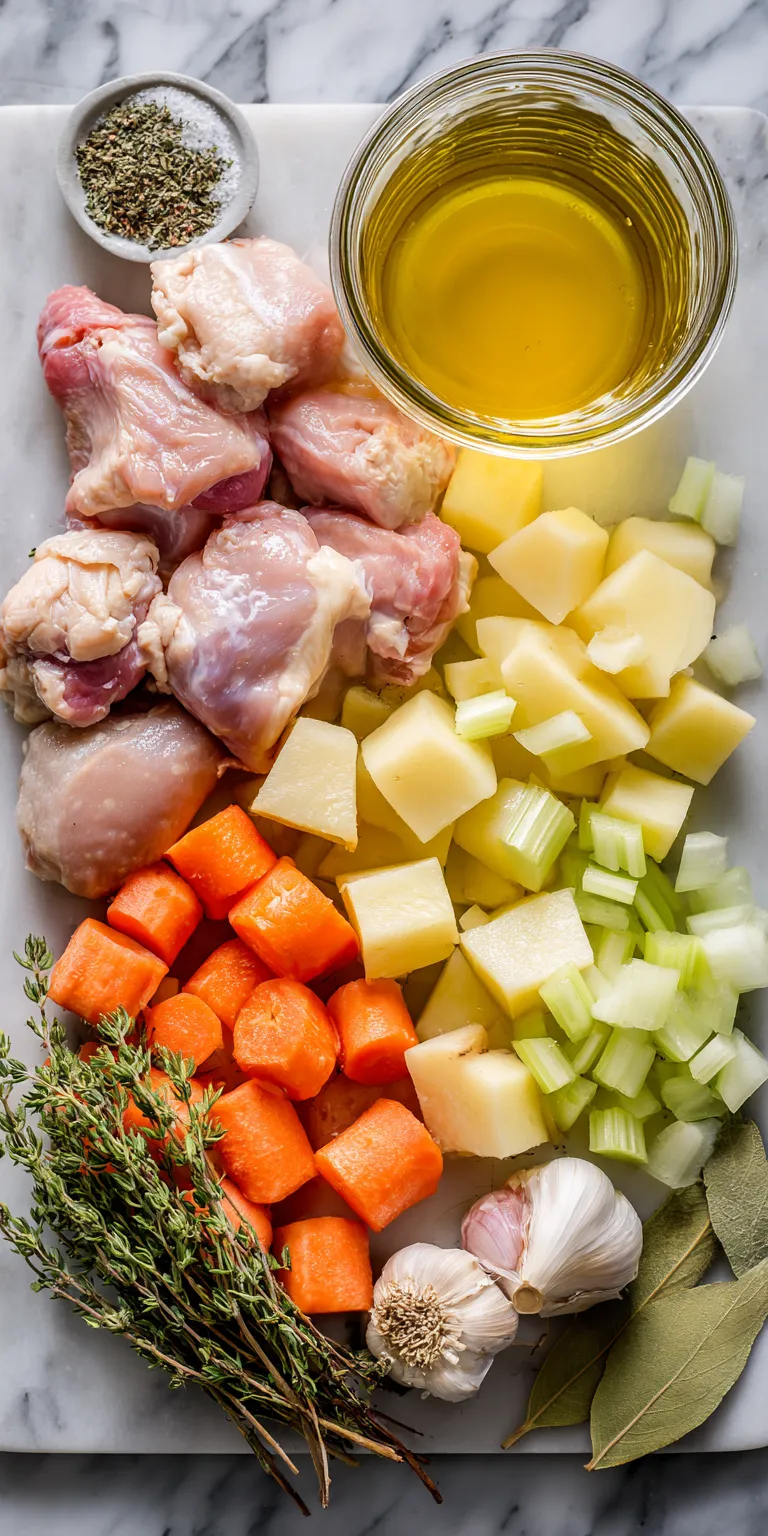 A collection of fresh components for slow cooker chicken stew, ready to be combined