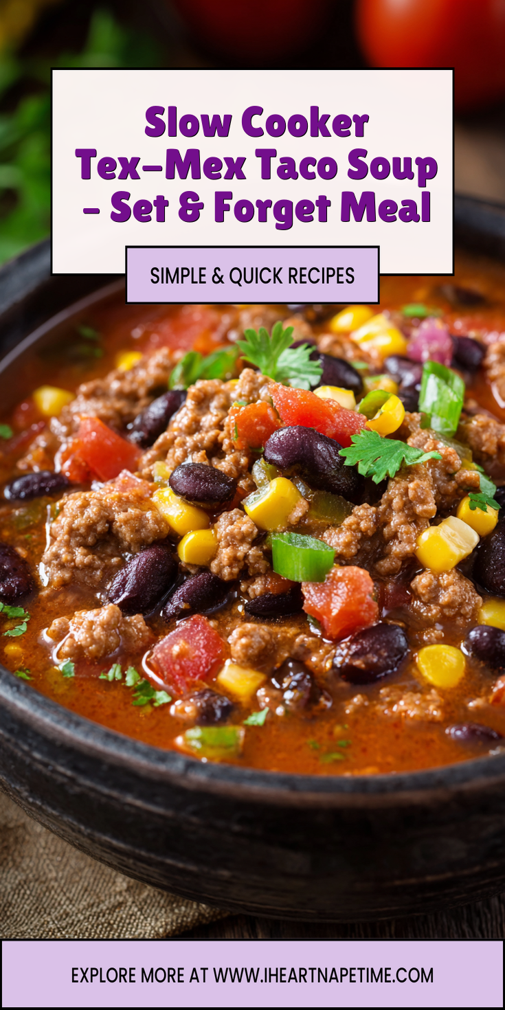 Slow Cooker Tex-Mex Taco Soup – Set & Forget Meal served warm with cozy spices