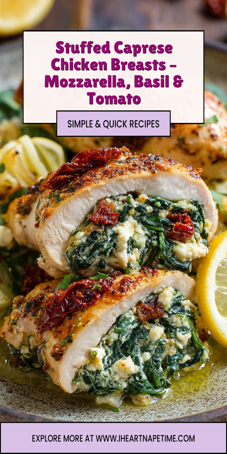 Stuffed Caprese Chicken Breasts – Mozzarella, Basil & Tomato served warm with cozy spices