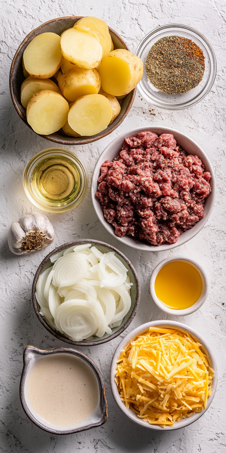 Close-up of raw ground beef and sliced potatoes ready for the Ultimate Ground Beef & Potato Casserole