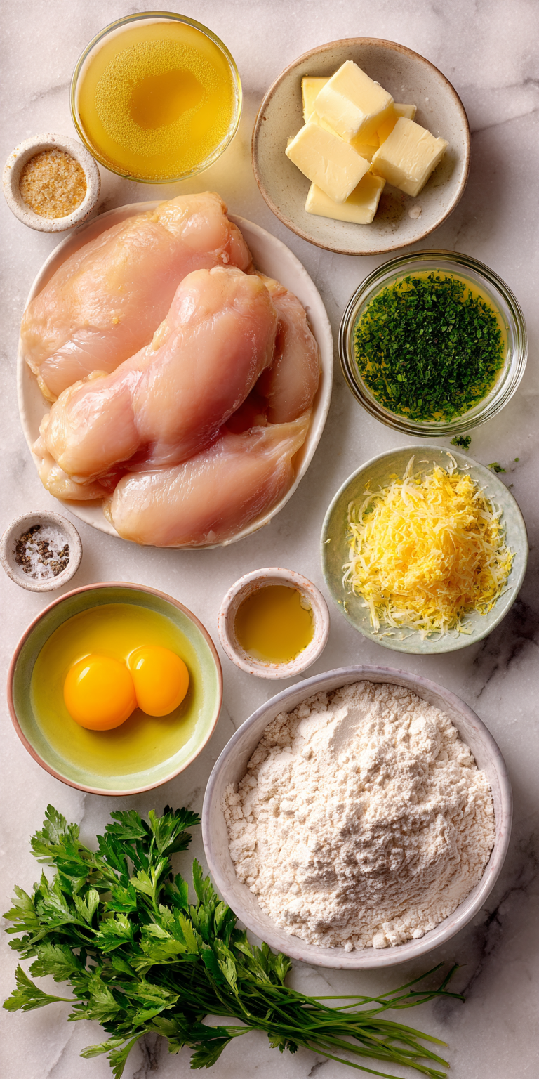 Fresh components for Zesty Chicken Francese with juicy breasts and lemony garlic sauce