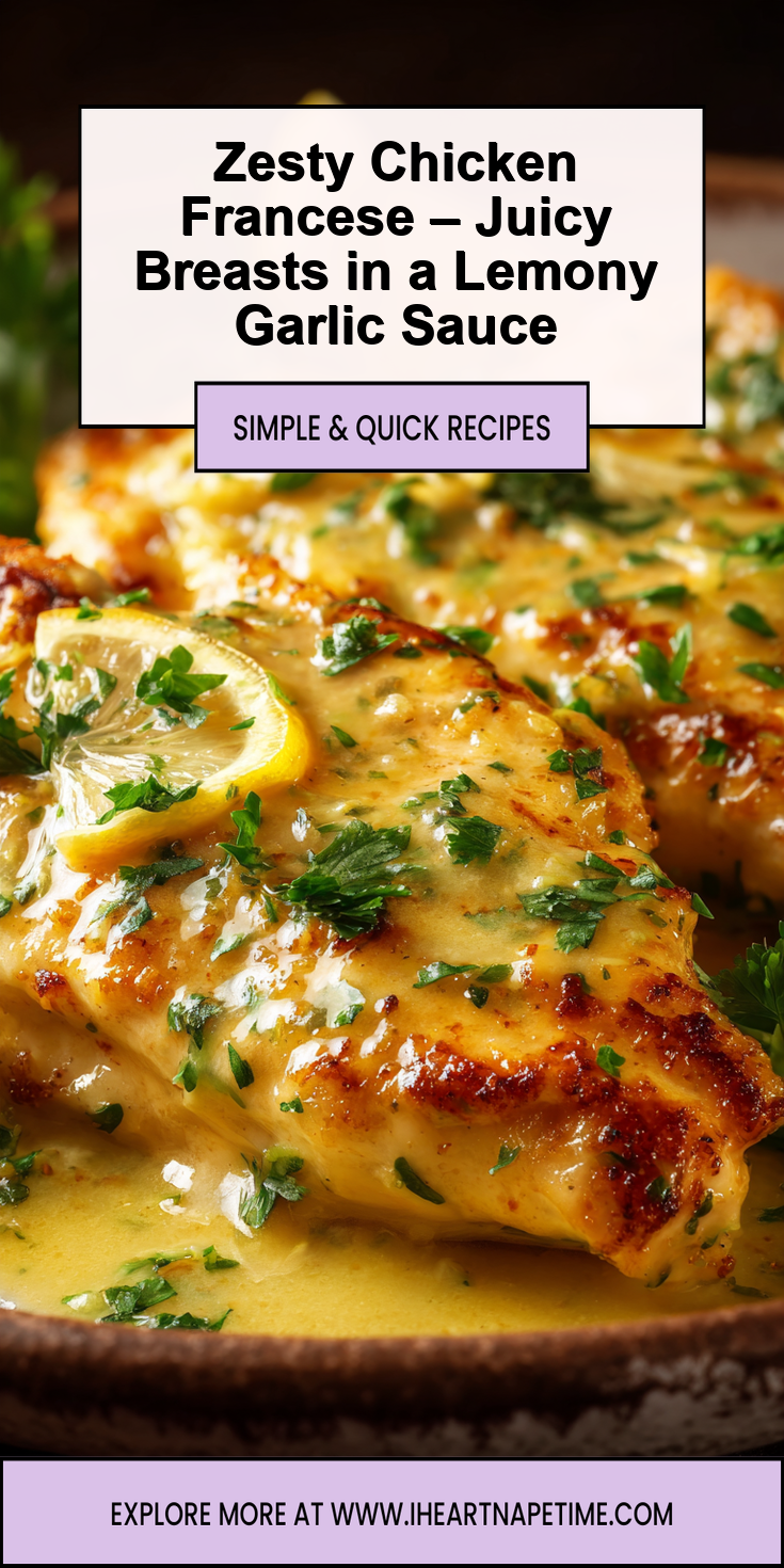 Zesty Chicken Francese with juicy breasts in a lemony garlic sauce on a plate