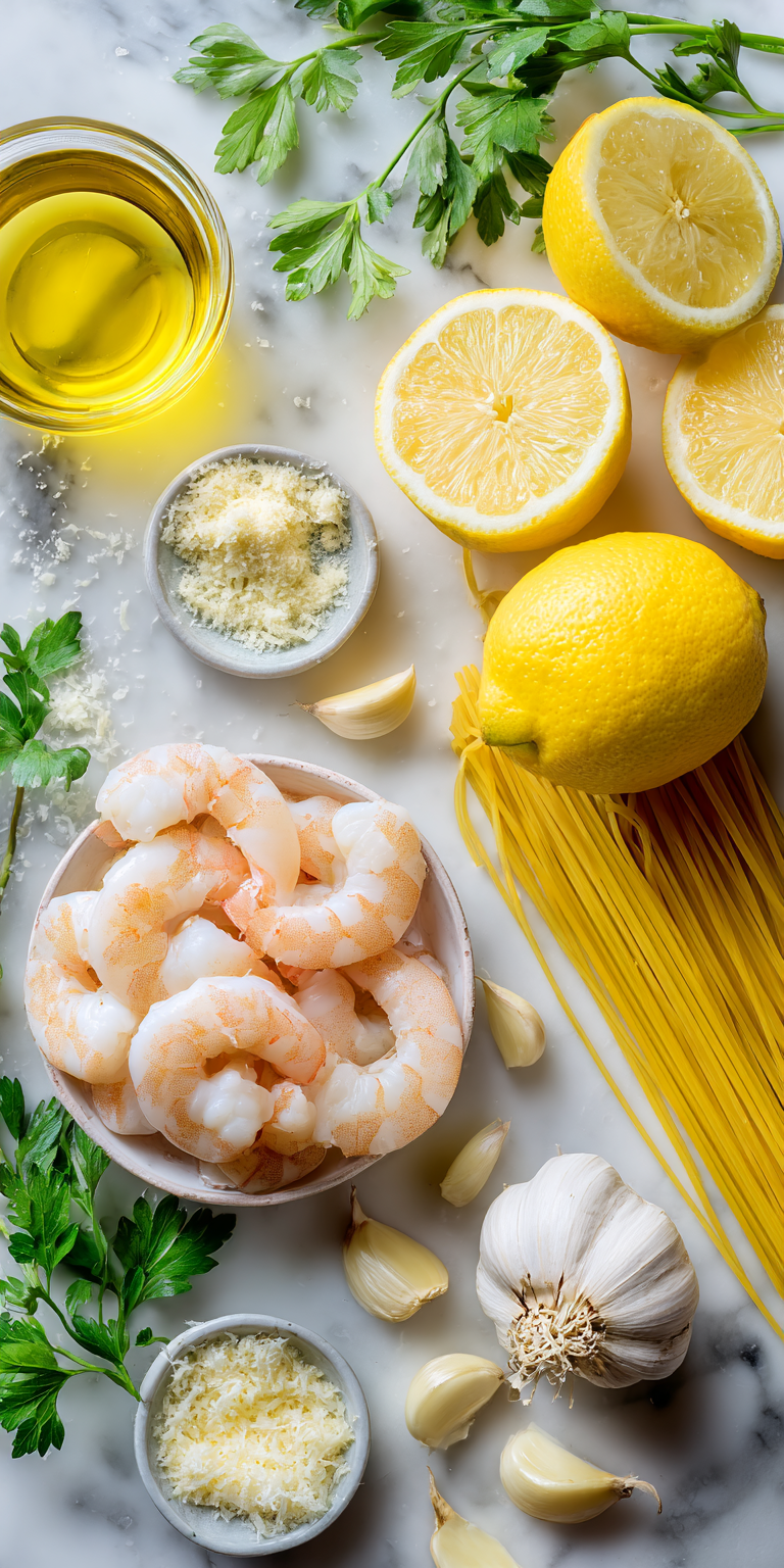 Fresh components for zesty lemon-herb shrimp scampi with vibrant citrus and herbs