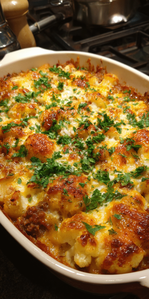 Cheesy Cauliflower & Ground Beef Potato Bake Recipe