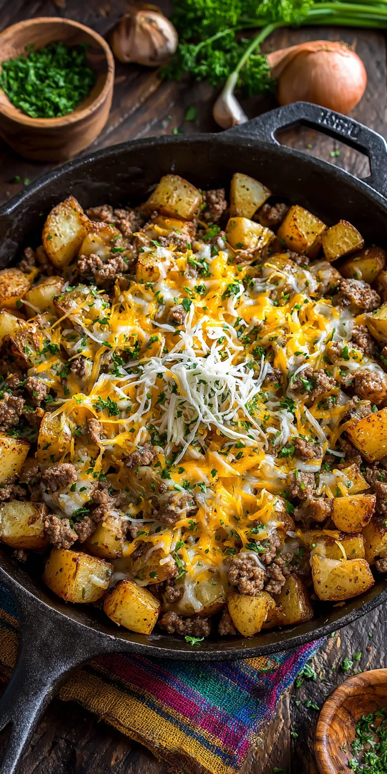 Cheesy Ranch Ground Beef & Potato Skillet | Easy One-Pan Dinner served warm with cozy spices
