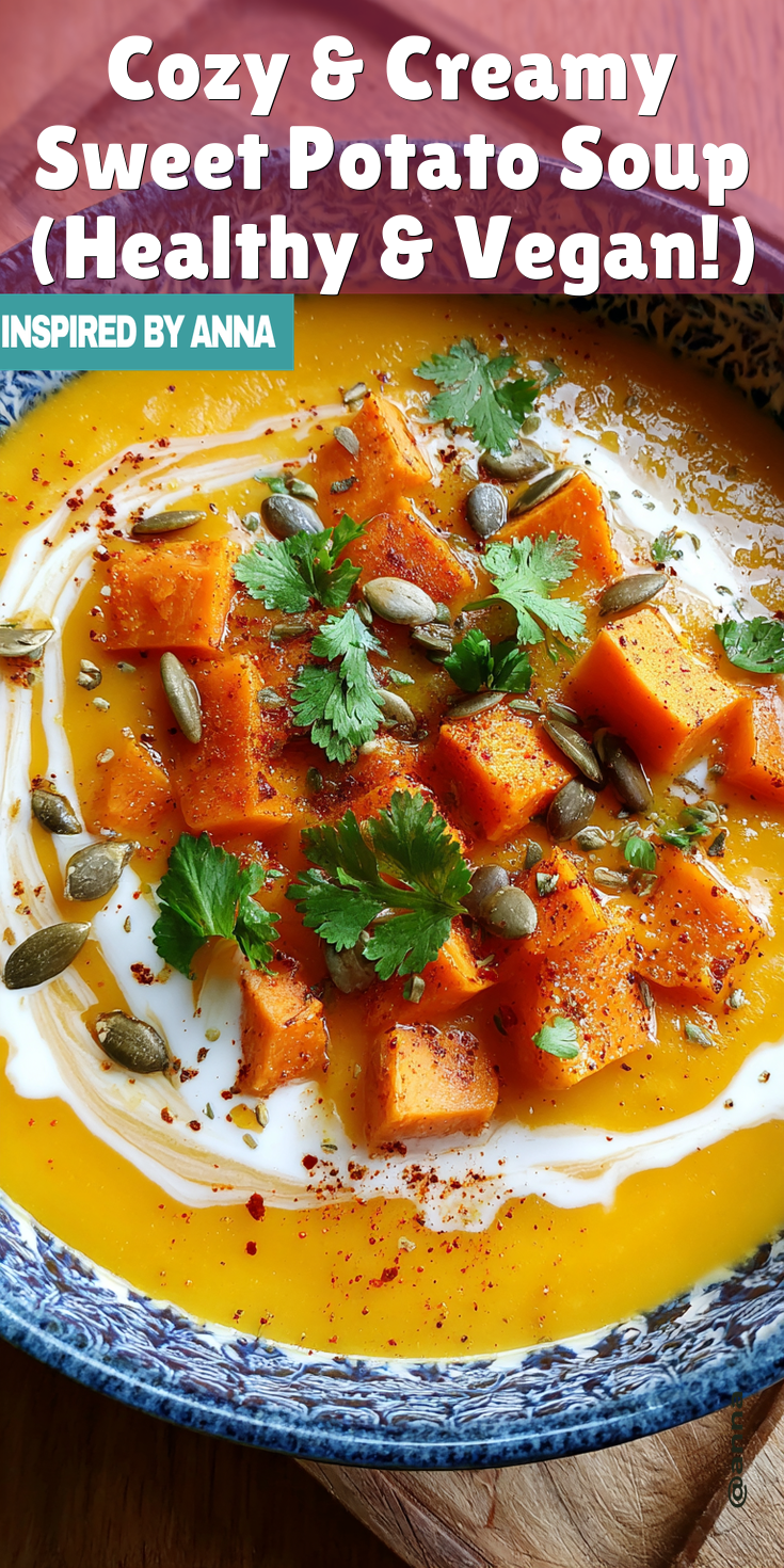 Cozy & Creamy Sweet Potato Soup (Healthy & Vegan!) served warm with cozy spices