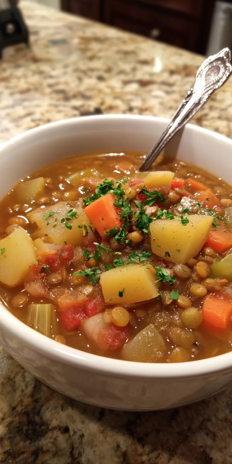 Cozy Lentil Potato Soup: Hearty & Healthy Comfort Food served warm with cozy spices
